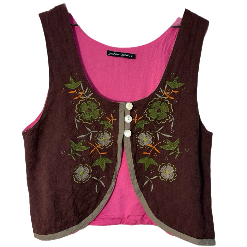 GUDRUN SJODEN Embroidered Vest 100% Organic Cotton Brown Green Pink Floral